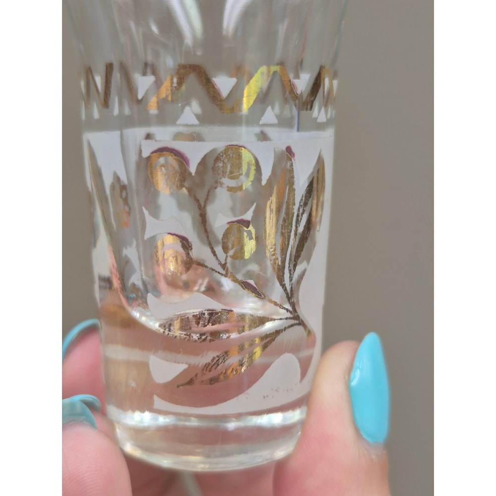 Vintage MCM Frosted Gold Bird Cordial Shot Glass Set of 5 Mid Century Barware
